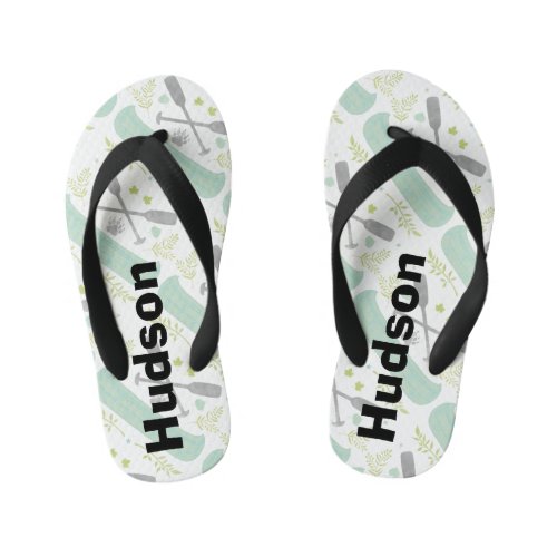 Personalized Canoe  Paddle Mint and Gray Pattern Kids Flip Flops