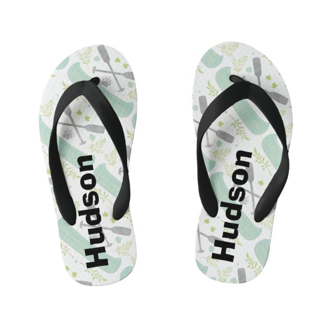 Personalized Canoe & Paddle Mint and Gray Pattern Kid's Flip Flops (Footbed)
