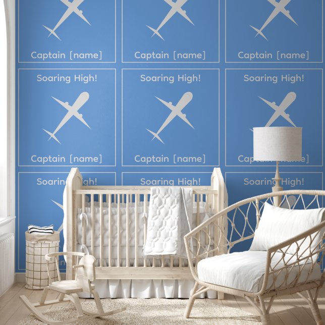 Personalized Captain Airplane Blue Fun Kids Room Wallpaper (Kids)
