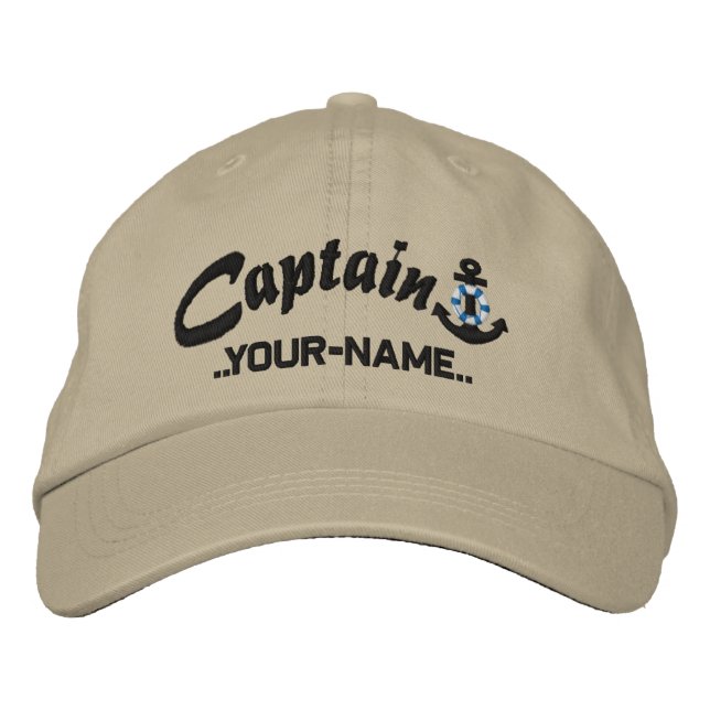 Personalized Captain Lifesaver Anchor Name Black Embroidered Baseball Hat (Front)