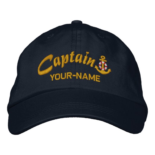 Personalized Captain Lifesaver Anchor Name Golden Embroidered Baseball Cap (Front)