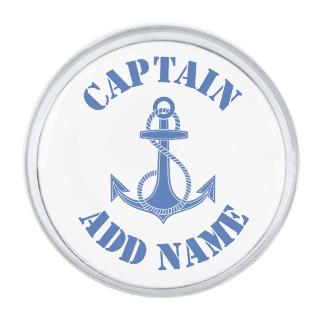 Personalized captain name anchor silver finish lapel pin (Front)