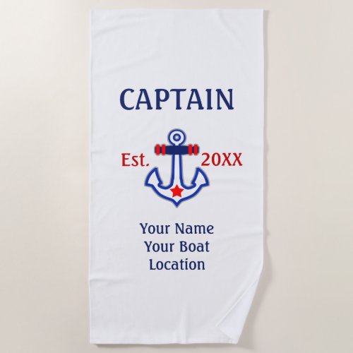 Personalized Captain Name Boat Year and More Beach Towel