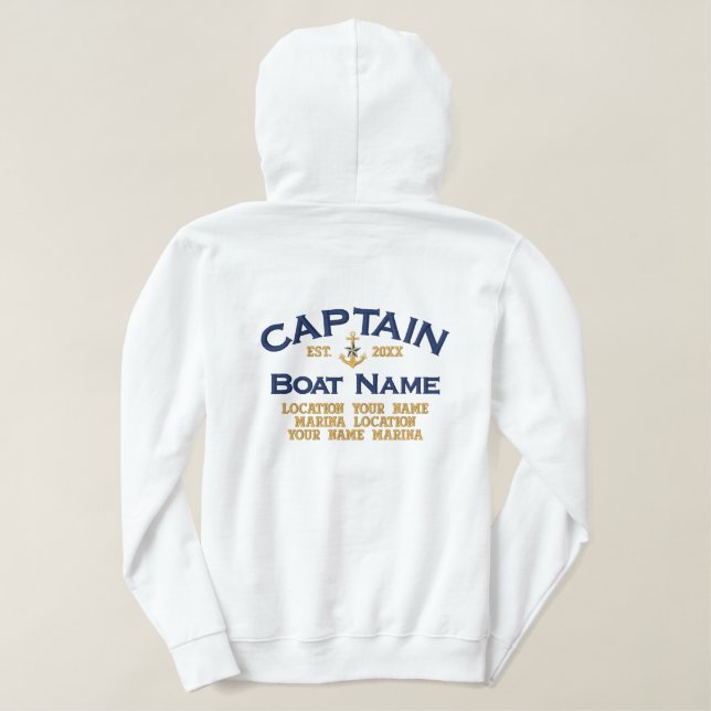Personalized Captain Name Naval Star Anchor Embroidered Hoodie (Design Back)