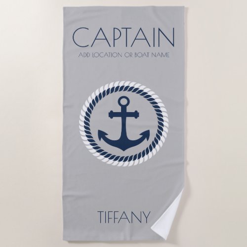 Personalized Captain Nautical Anchor Boat Beach Towel