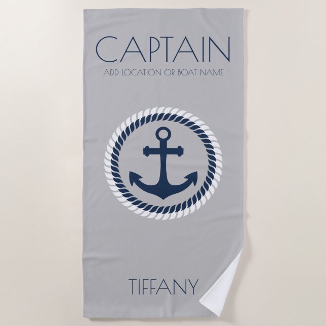 Personalized Captain Nautical Anchor Boat Beach Towel (Front)