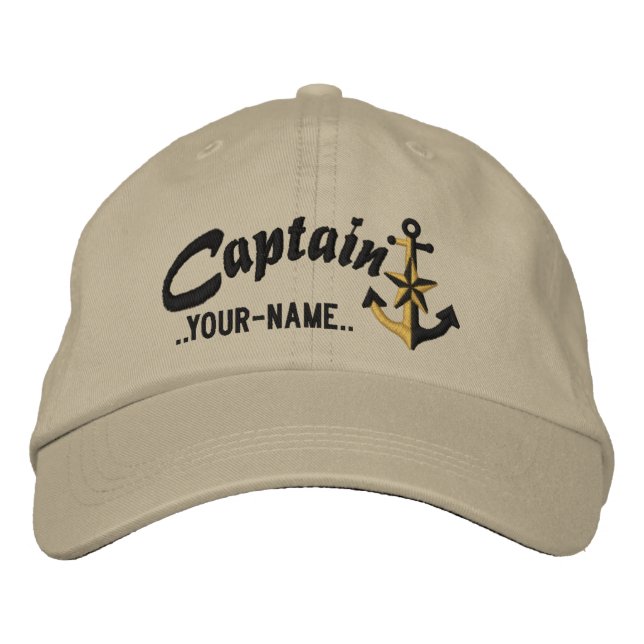 Personalized Captain Nautical Anchor Name Black Embroidered Baseball Hat (Front)