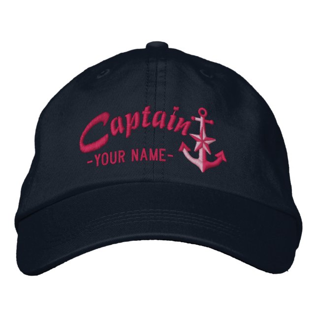 Personalized Captain Nautical Anchor Name Fuchsia Embroidered Baseball Cap (Front)