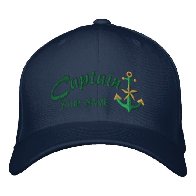 Personalized Captain Nautical Anchor Name Green Embroidered Baseball Hat (Front)