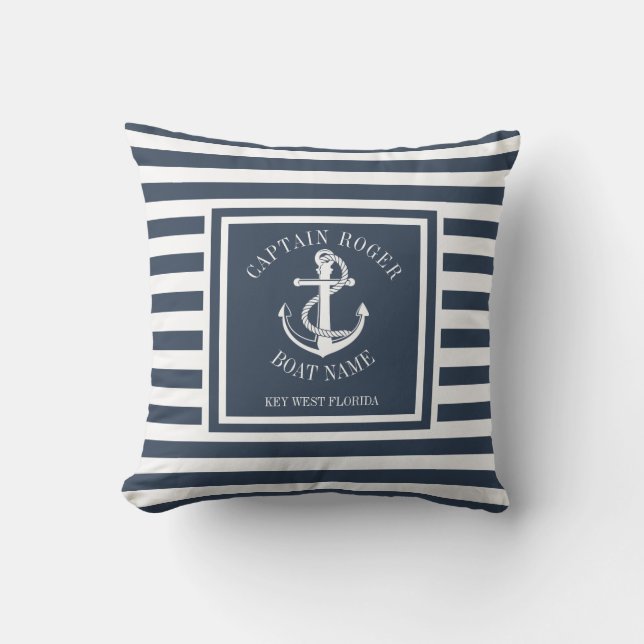 Personalized Captain Navy Blue Nautical Anchor Out Outdoor Pillow (Front)