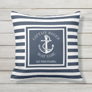 Personalized Captain Navy Blue Nautical Anchor Out Outdoor Pillow
