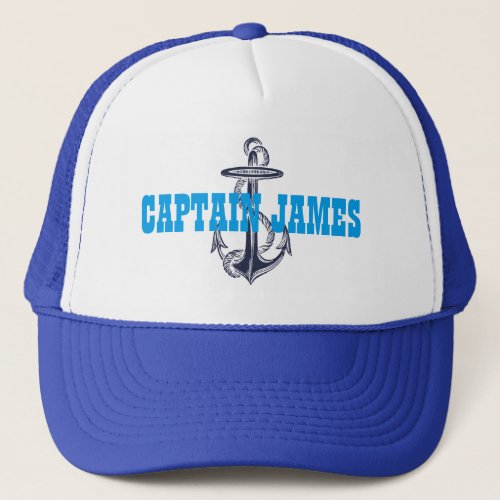 Personalized Captain Navy Blue Vintage Anchor Trucker Hat