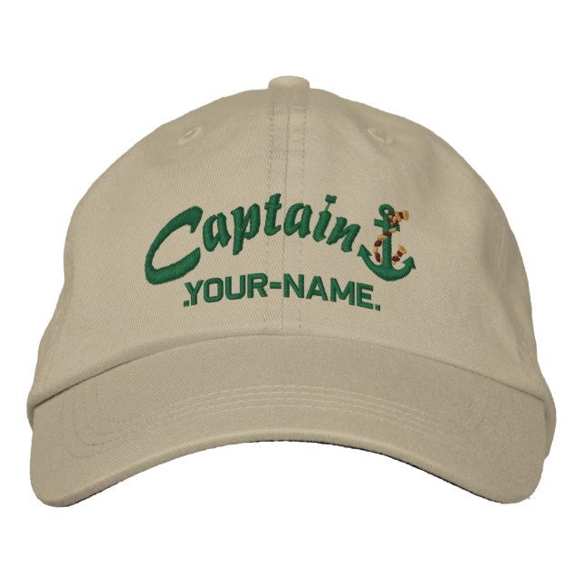 Personalized Captain Rope Anchor Name Green Embroidered Baseball Cap (Front)