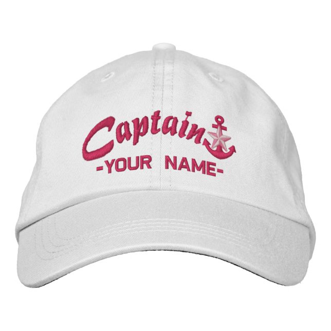 Personalized Captain Star Anchor Name Fuchsia Embroidered Baseball Cap (Front)