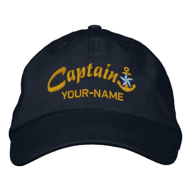 Personalized Captain Star Anchor Name Golden Embroidered Baseball Cap (Front)