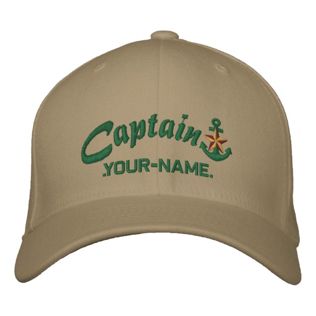 Personalized Captain Star Anchor Name Green Embroidered Baseball Cap (Front)