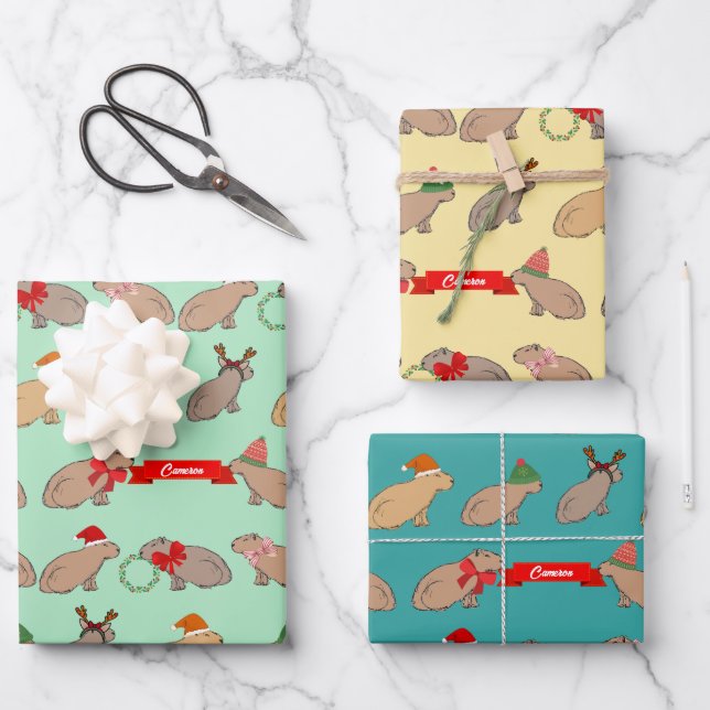 Personalized Capybara Cute Wildlife Christmas Wrapping Paper Sheets (Front)