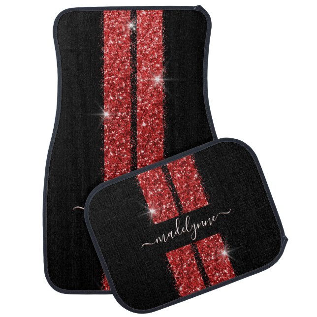 Personalized Car Floor Mat Red Glitter Race Stripe (Set)