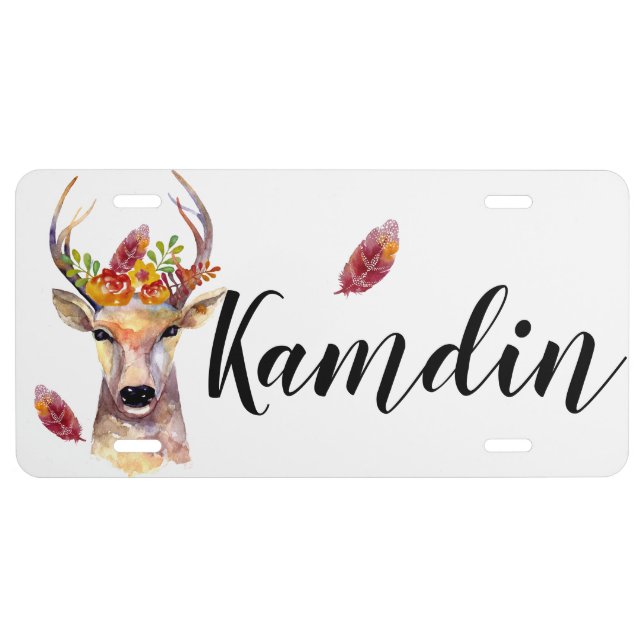 Personalized Car Plate boho deer Buck Head Brownin (Front)