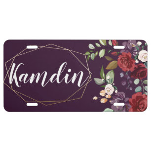 Personalized Car Plate Plum Purple Roses Gold Geom