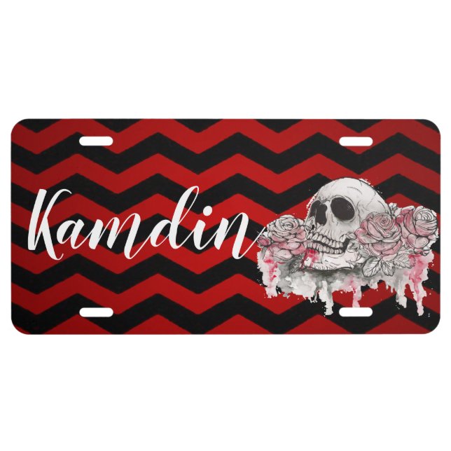 Personalized Car Plate skull Rose goth Chevron red (Front)