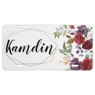 Personalized Car Plate White Roses Gold Geometric