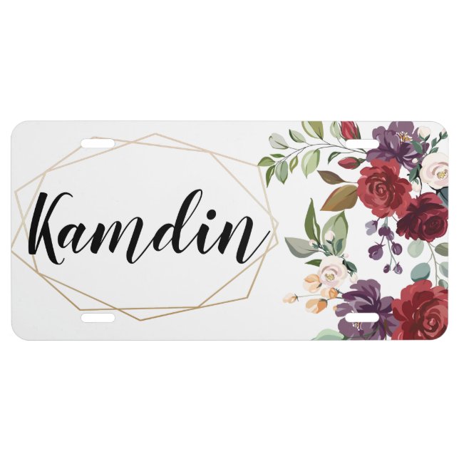 Personalized Car Plate White Roses Gold Geometric (Front)