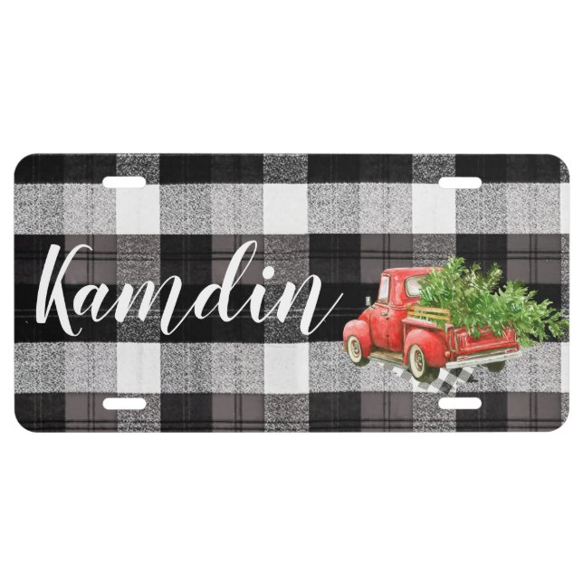 Personalized Car Plate XMAS Truck Baffalo Plaid Bl (Front)