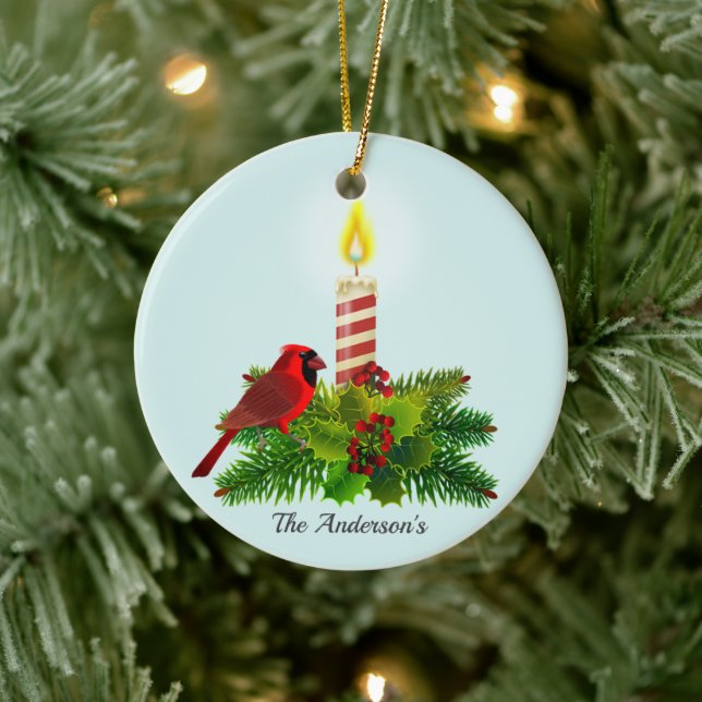 Personalized Cardinal and Candle on Light Blue Ceramic Ornament (Tree)