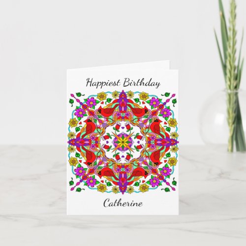 Personalized Cardinal and Flowers Mandala Birthday Card