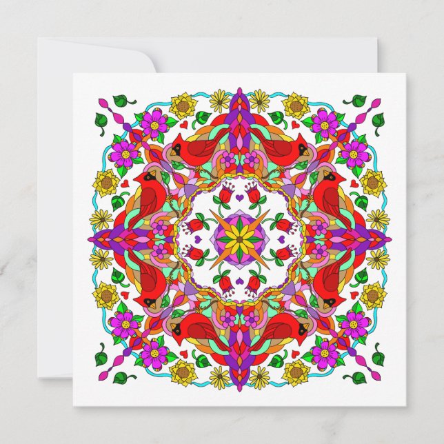 Personalized Cardinal and Flowers Mandala Birthday Card (Front)