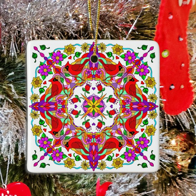Personalized Cardinal and Flowers Mandala  Ceramic Ornament (Creator Uploaded)