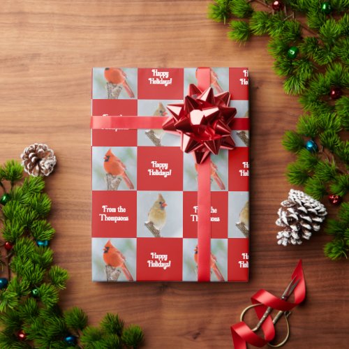 Personalized Cardinal Birds Red Check Christmas Wrapping Paper