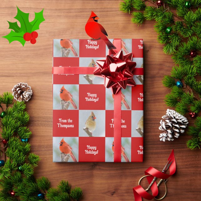 Personalized Cardinal Birds Red Check Christmas Wrapping Paper (Beautiful cardinal birds "happy holidays" wrapping paper for you to personalize!)