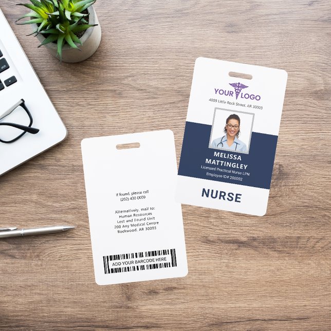 Personalized Care Business Employee Logo and Photo Badge (Medical Professional Nurse Blue Purple Photo ID Badge)