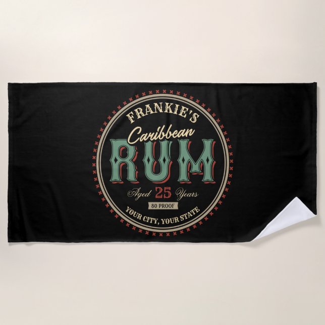 Personalized Caribbean Rum Liquor Bottle Label Bar Beach Towel (Front)