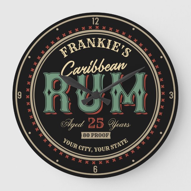 Personalized Caribbean Rum Liquor Bottle Label Bar Large Clock (Front)