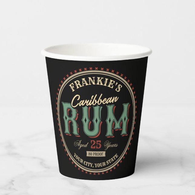 Personalized Caribbean Rum Liquor Bottle Label Bar Paper Cups (Front)
