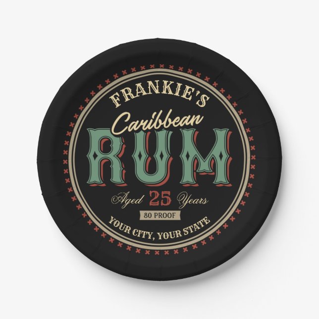 Personalized Caribbean Rum Liquor Bottle Label Bar Paper Plates (Front)