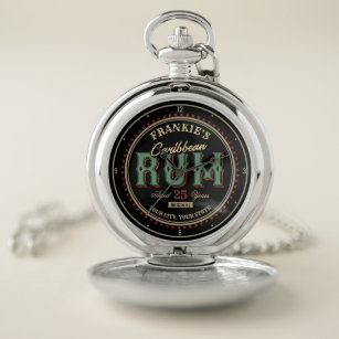 Personalized Caribbean Rum Liquor Bottle Label Bar Pocket Watch