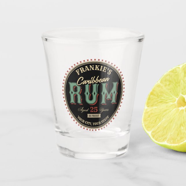 Personalized Caribbean Rum Liquor Bottle Label Bar Shot Glass (Front)
