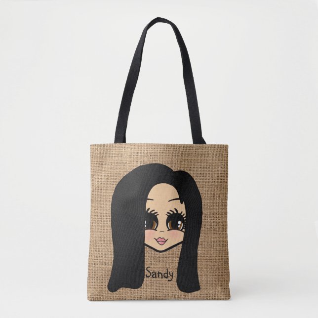 Personalized Caricature Jute Print Tote Black Hair (Front)