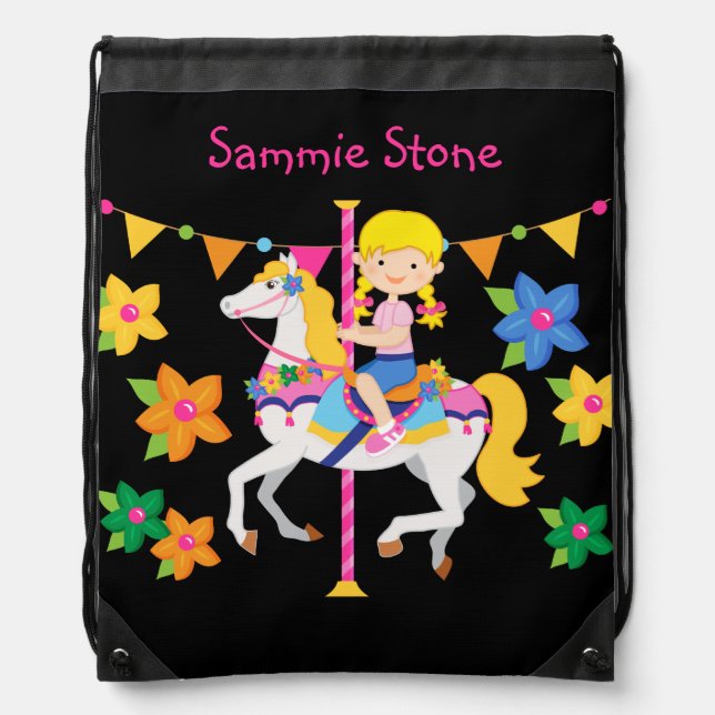 Personalized Carousel Horse Drawstring  Bag (Front)