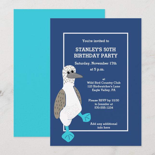 Personalized Cartoon Blue-Footed Booby Bird Party Invitation (Front/Back)