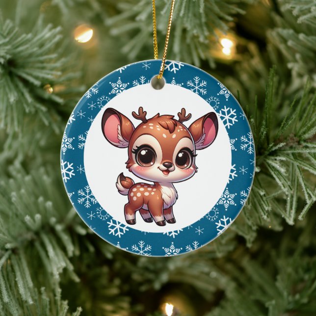 Personalized Cartoon Chibi Reindeer Christmas Ceramic Ornament (Tree)