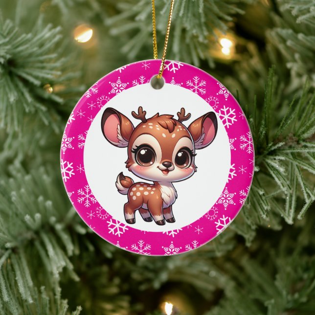 Personalized Cartoon Chibi Reindeer Christmas Ceramic Ornament (Tree)