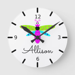 Personalized Cartoon Dragonfly Round Clock
