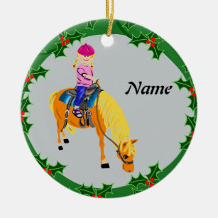 Personalized cartoon girl on pony horse ceramic ornament