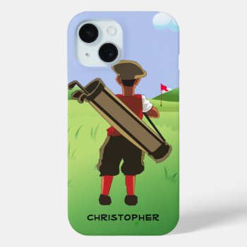 Personalized Cartoon Golfer On Golf Course Iphone 15 Case by giftsbonanza at Zazzle