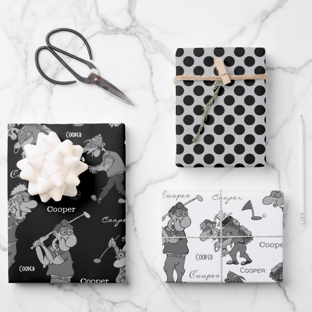 Personalized Cartoon Golfers Wrapping Paper Sheets (Front)